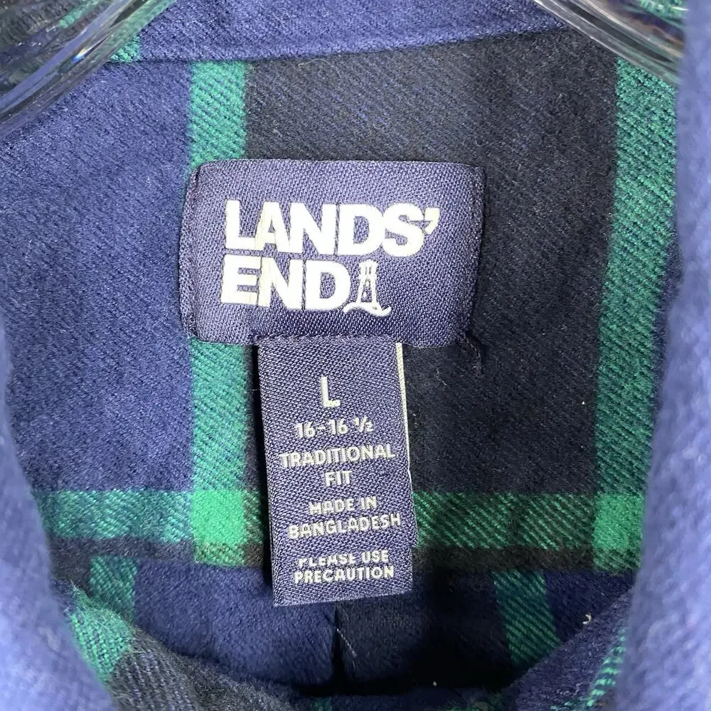 Lands' End Mens Flannel Shirt L Button Up Long Sleeve Blue Green Plaid Tradition